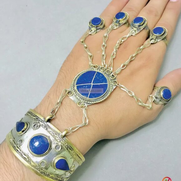 SIngle Vintage Lapis Stone Slave Bracelet, Lapis Lazuli Bracelet with Rings - Picture 1 of 9